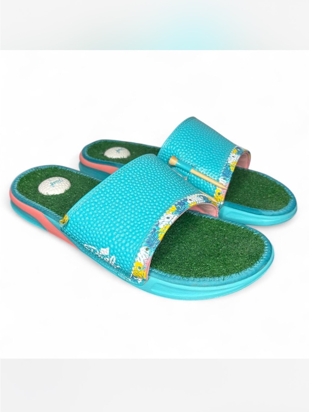 Reef Mulligan Golf Slide Sandals Size US 13 Blue with Floral Trim and Golf Ball - Picture 1 of 8
